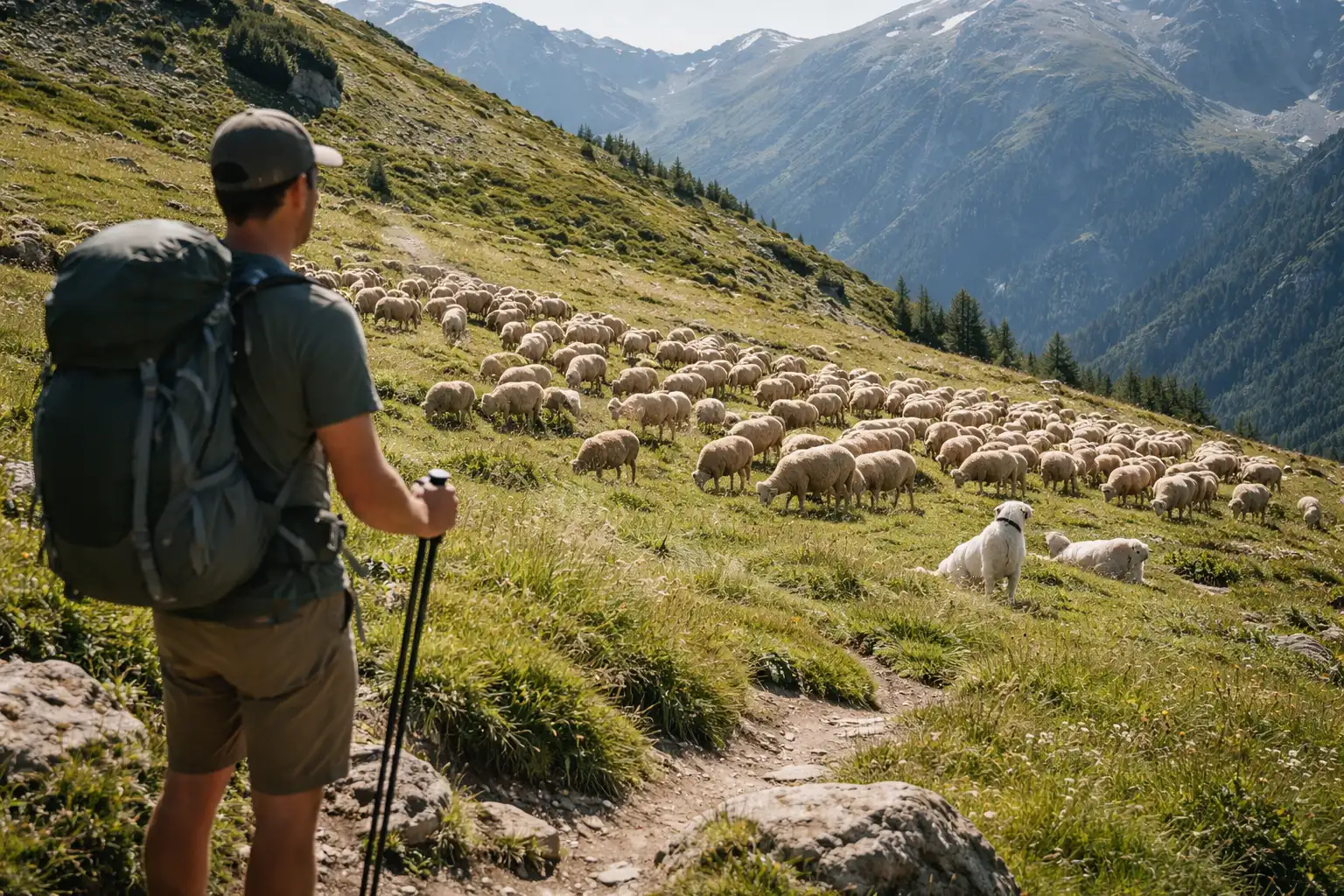 Randonneur observant un troupeau de brebis à distance sur un replat d'alpage avec des patous visibles en périphérie