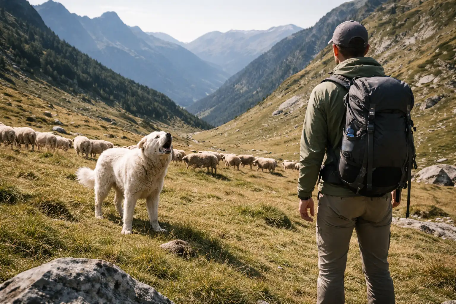 Randonneur immobile face à un patou qui aboie, posture calme et neutre, contexte alpage montagnard