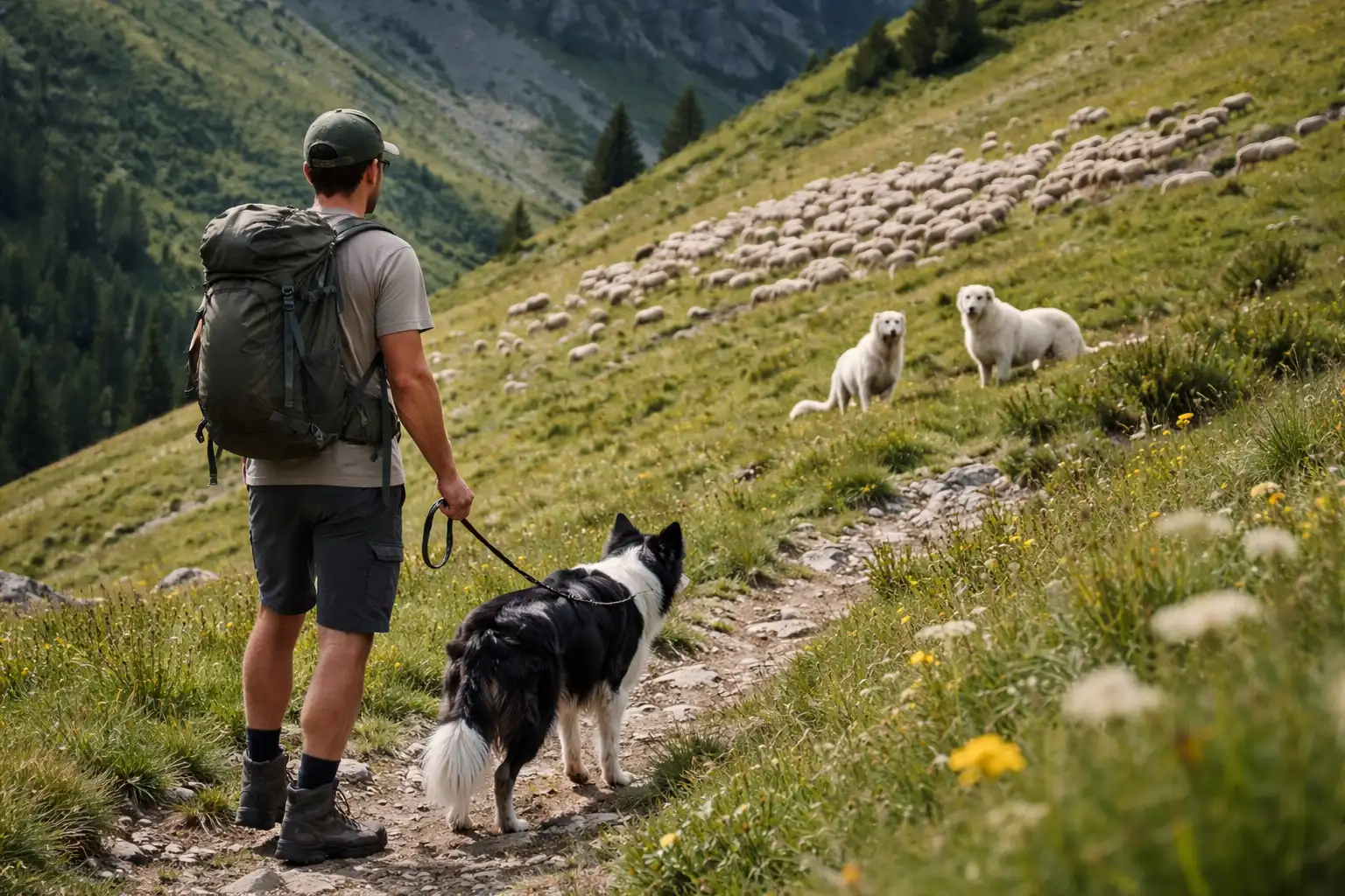 Randonneur tenant son chien en laisse courte sur un sentier d'alpage avec un troupeau visible au loin