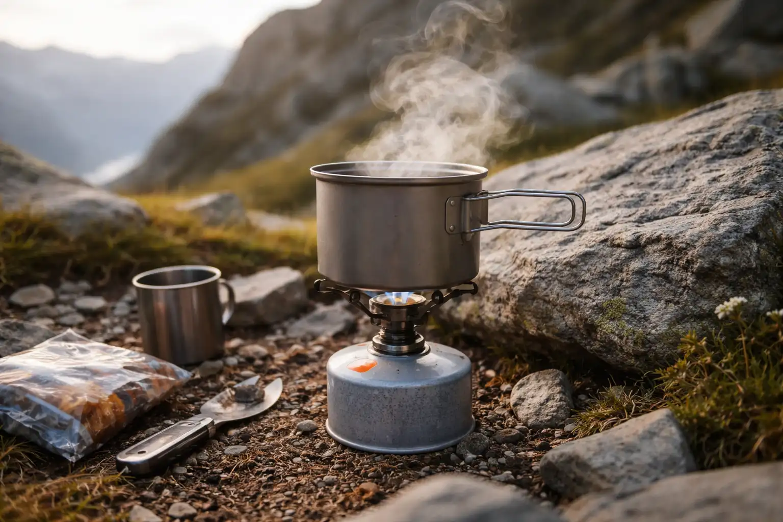 Popote titane sur réchaud à gaz en bivouac montagne