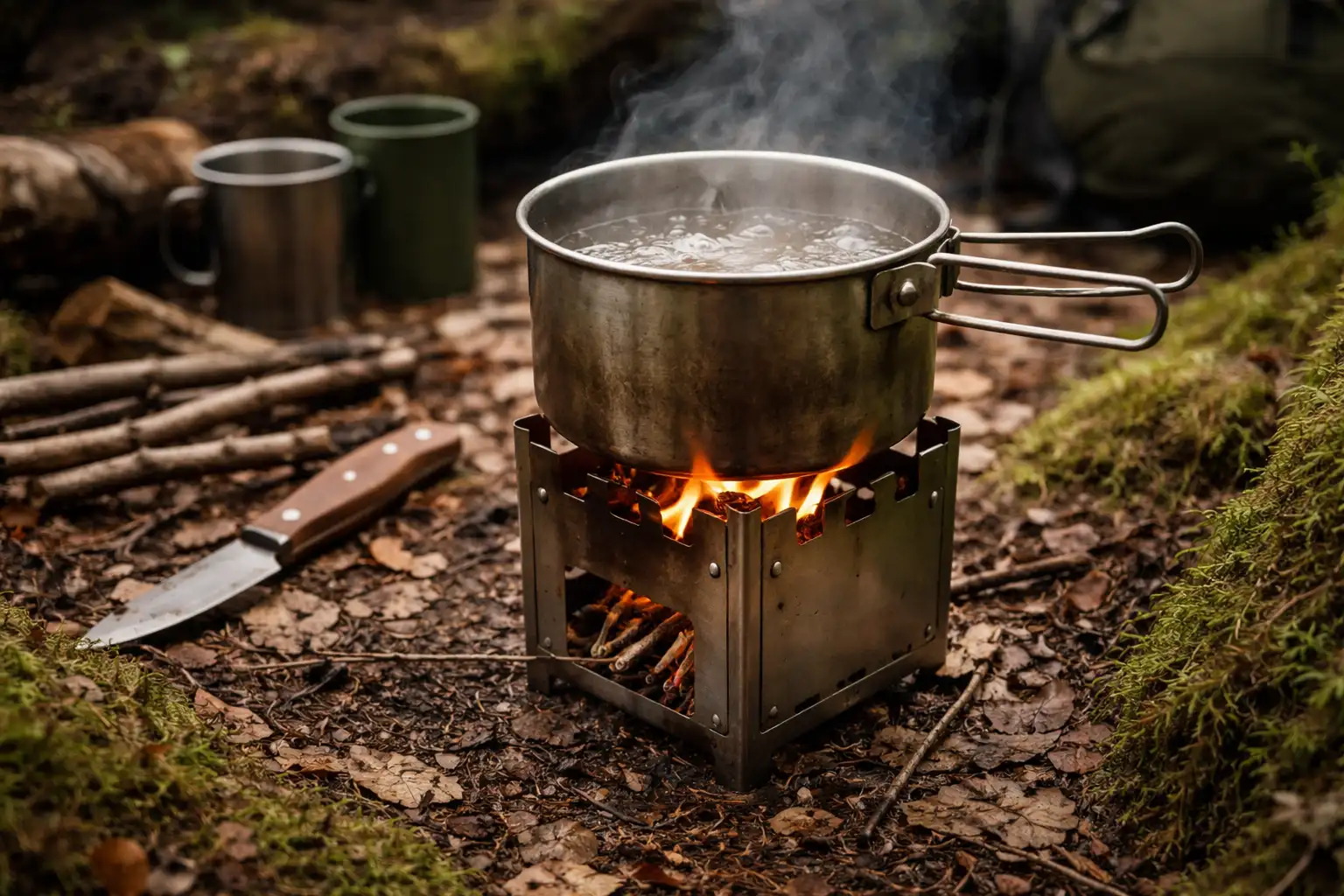 Popote inox en cuisson sur réchaud bois bivouac