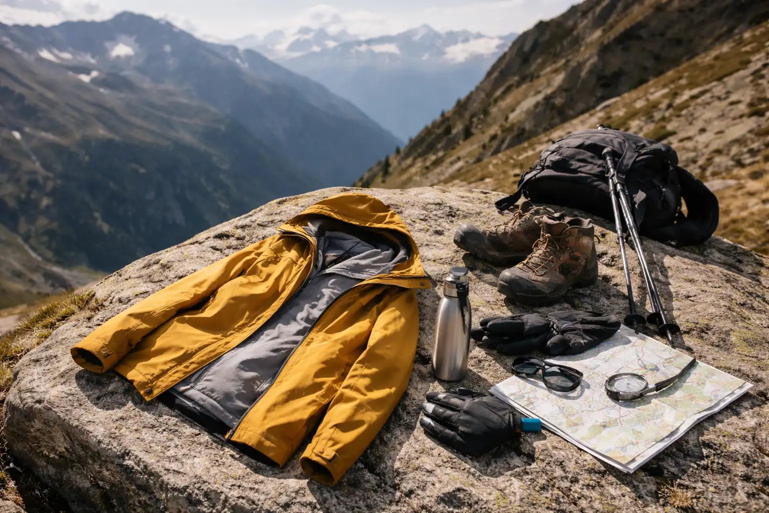 Équipement de trek étalé sur un rocher en haute montagne : veste, polaire, gourde, lunettes de soleil
