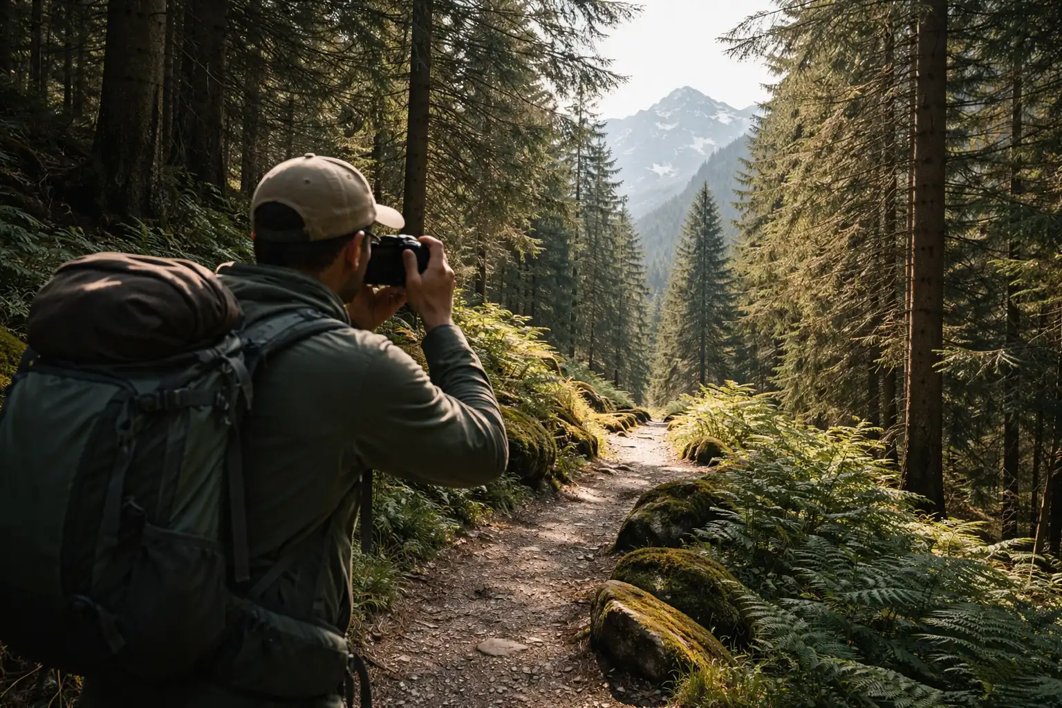 Sentier de randonnée serpentant à travers une forêt de conifères avec un premier plan de fougères et un arrière-plan de sommets montagneux