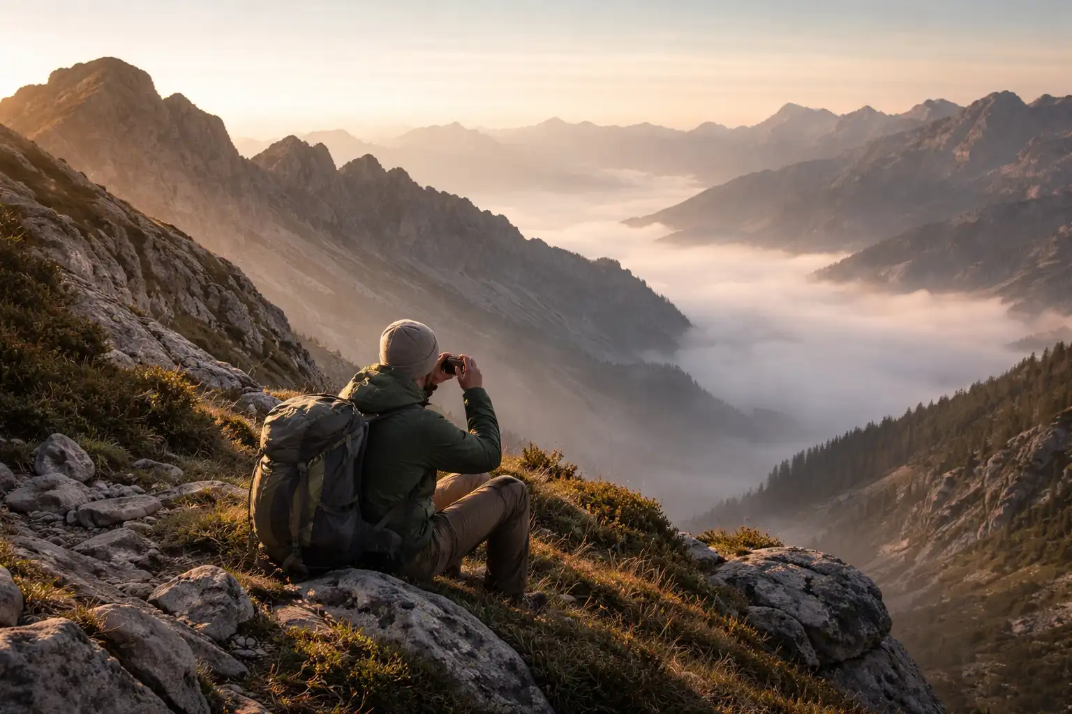 Paysage de montagne au lever du soleil avec lumière dorée rasante sur les crêtes et vallée brumeuse en contrebas