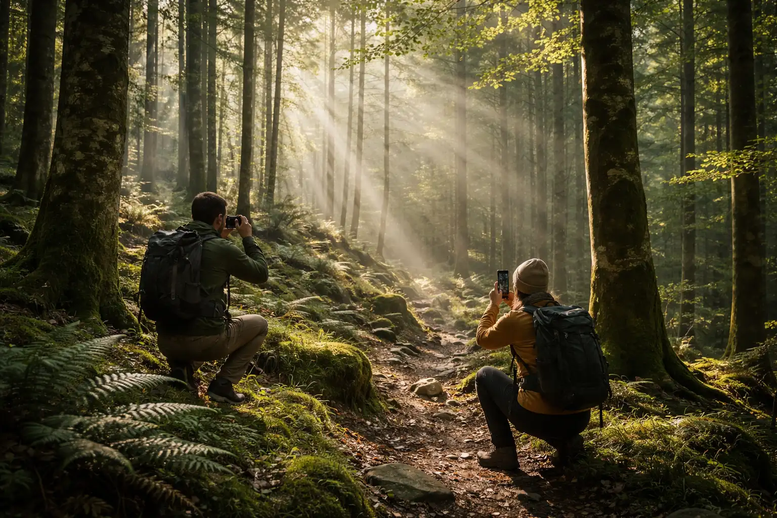 Sous-bois de hêtres avec rayons de lumière obliques perçant le couvert et troncs verticaux structurant le cadre