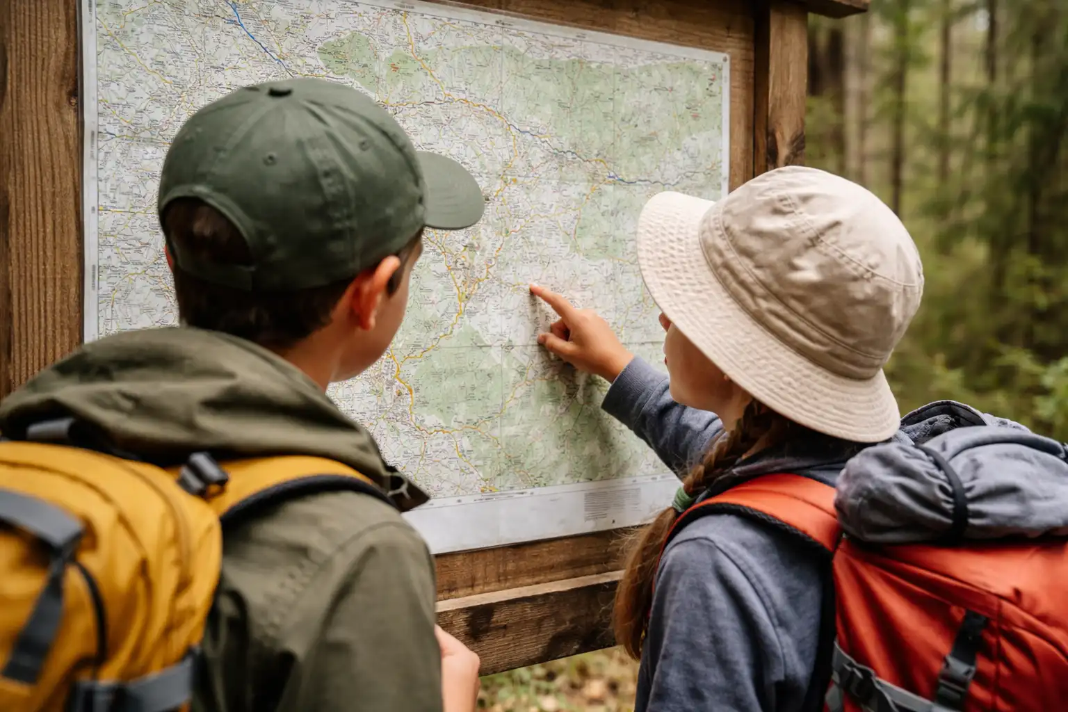Enfants observant une carte topographique sur un sentier de randonnée en famille
