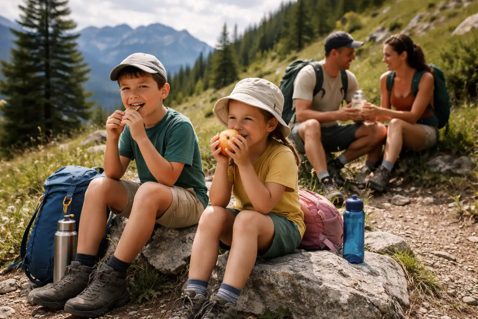 Pause goûter en famille sur un sentier de montagne avec gourdes et collations