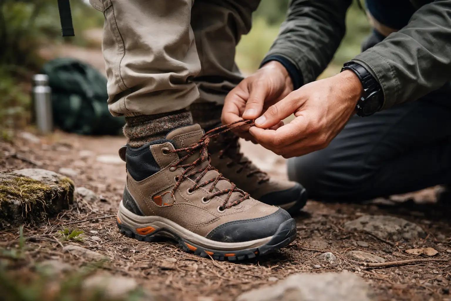 Parent ajustant les lacets de chaussures de randonnée d'un enfant sur un sentier
