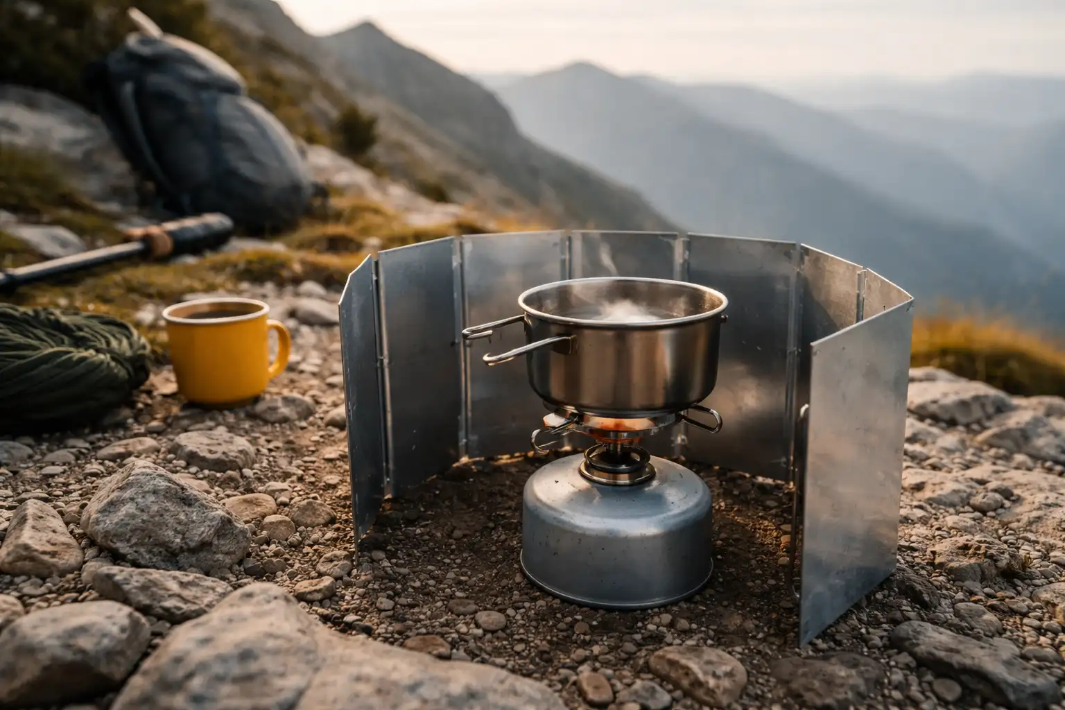 Réchaud à gaz avec pare-vent en montagne