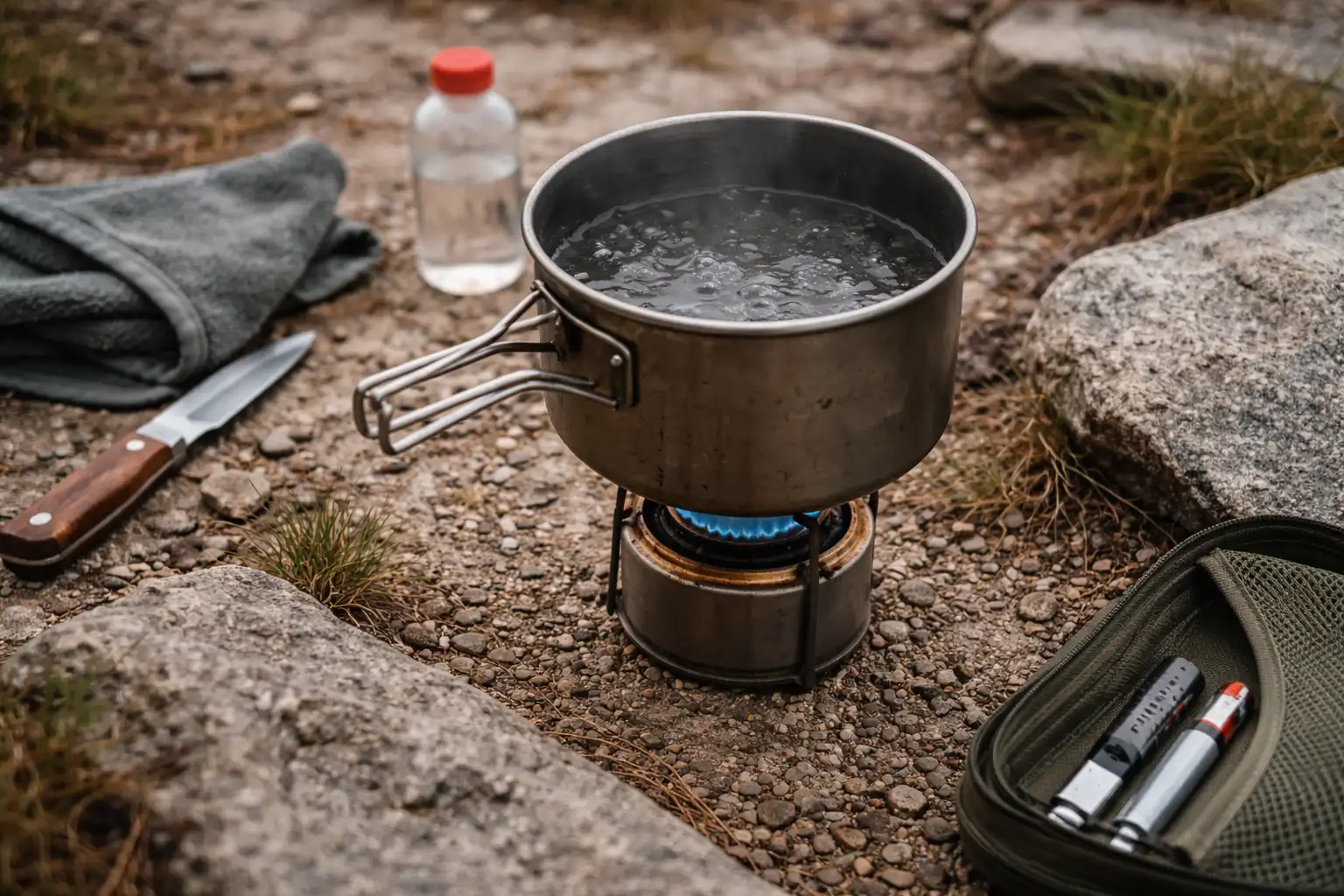 Réchaud à alcool en fonctionnement au bivouac