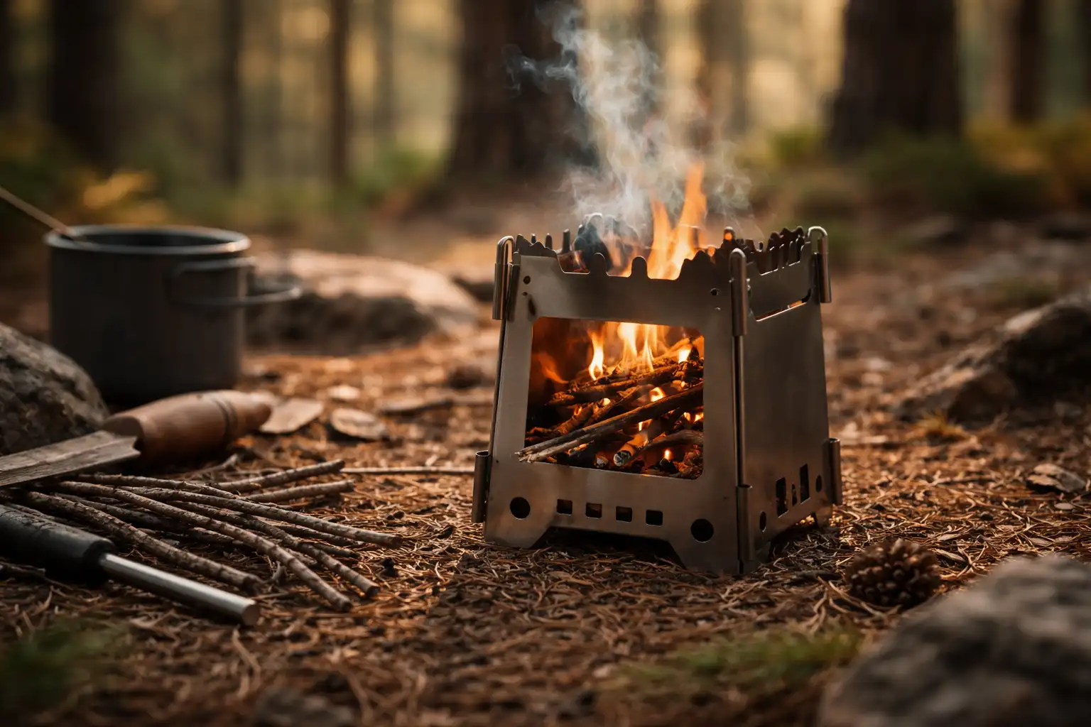 Réchaud à bois avec flamme et brindilles