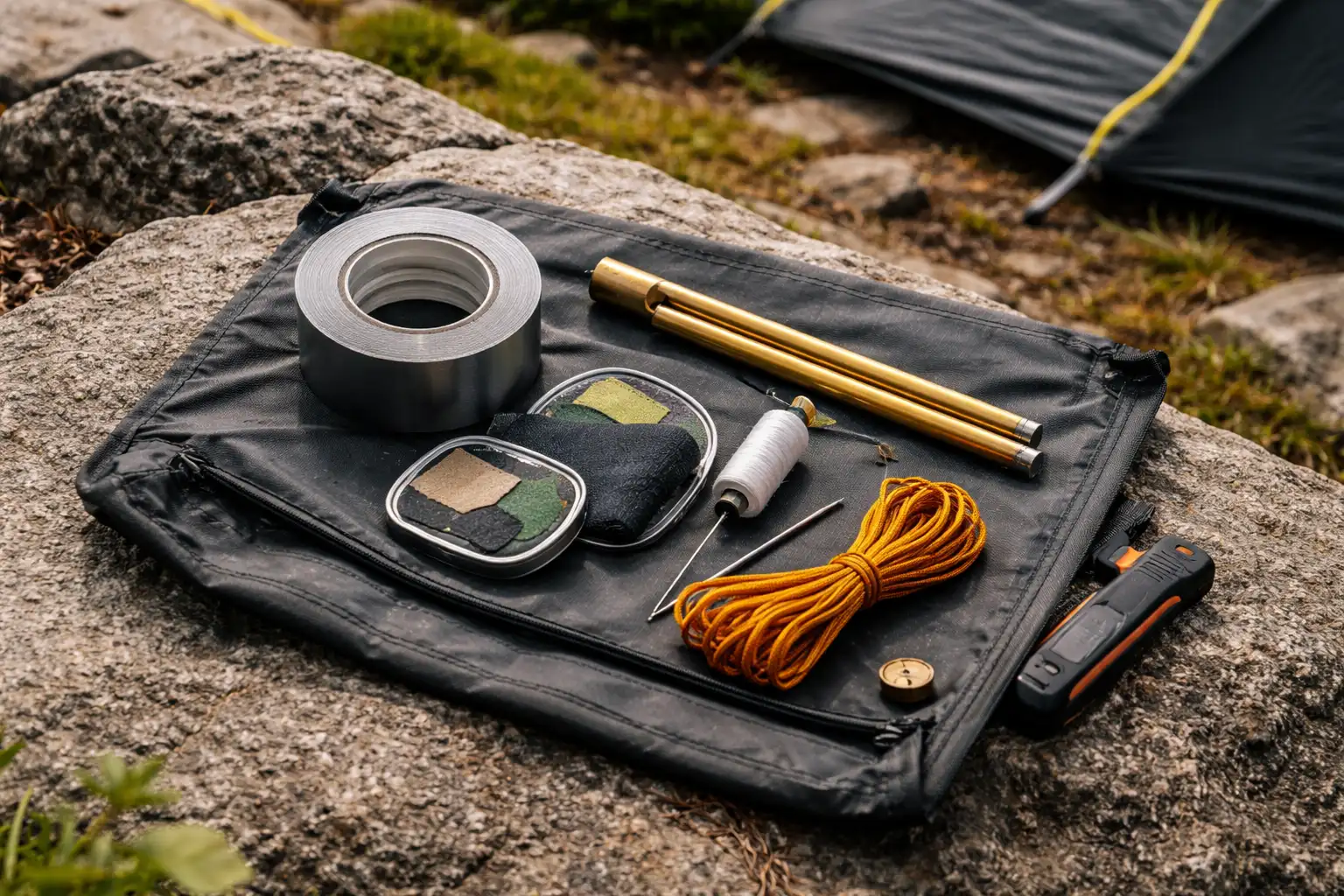 Kit de réparation de tente étalé avec ruban adhésif, patchs, fil, aiguille et segment d'arceau