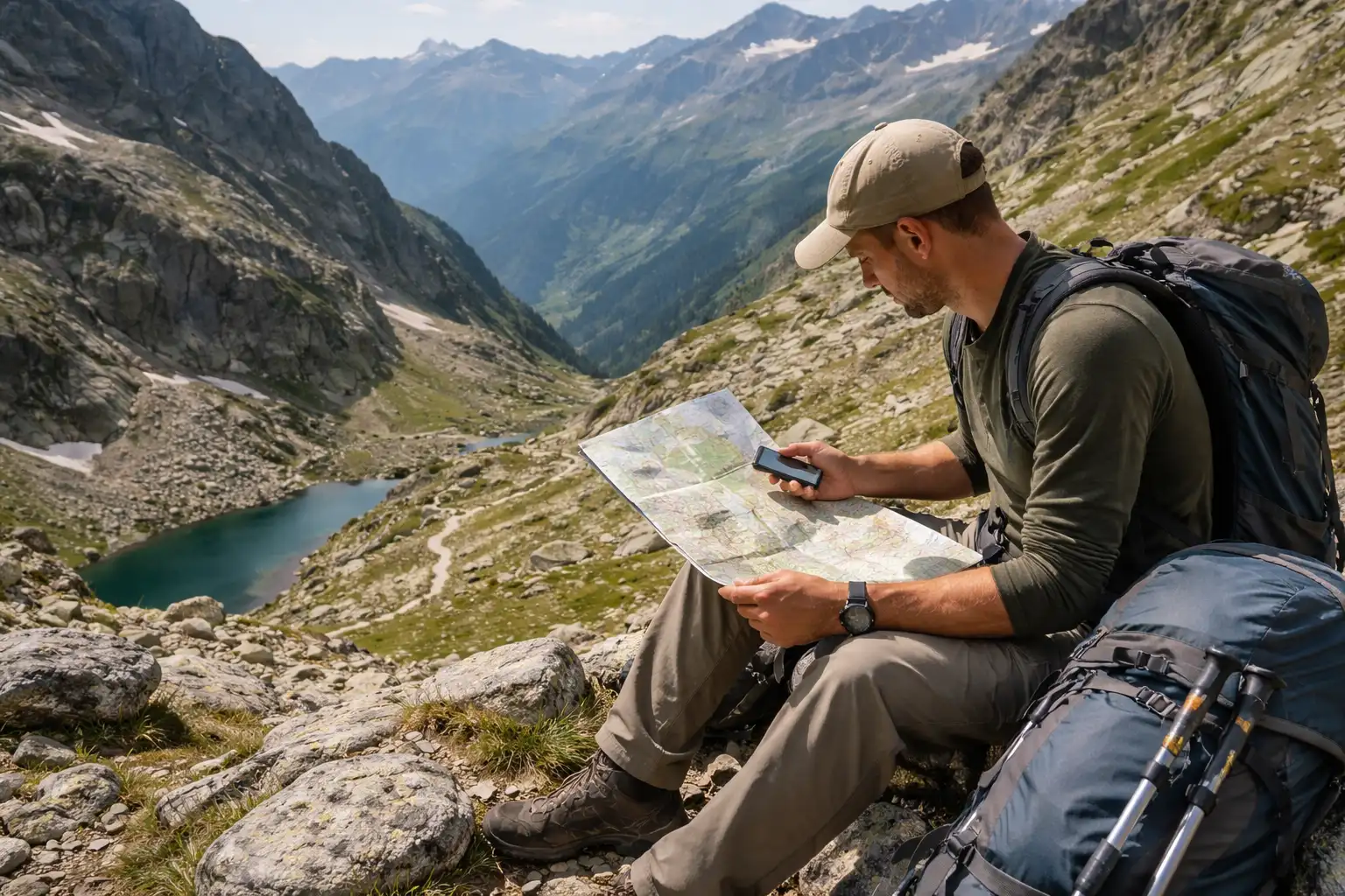 Randonneur consultant une carte topographique et un GPS au sommet d'un col de montagne
