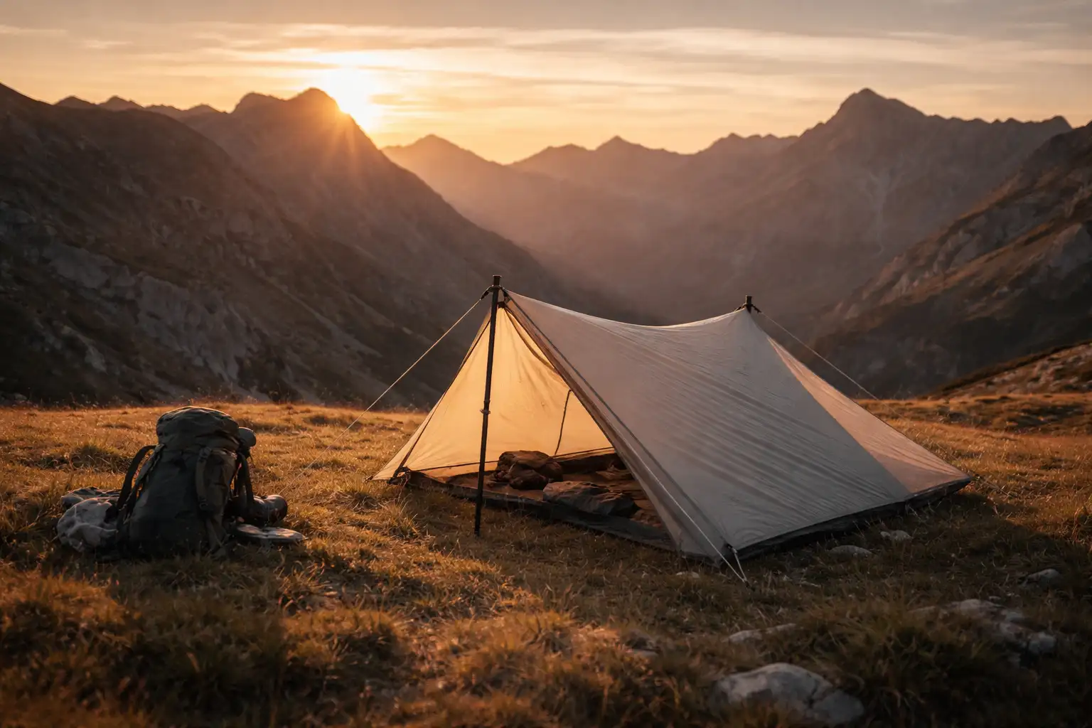 Campement de bivouac installé en montagne au coucher du soleil avec tente ultralégère