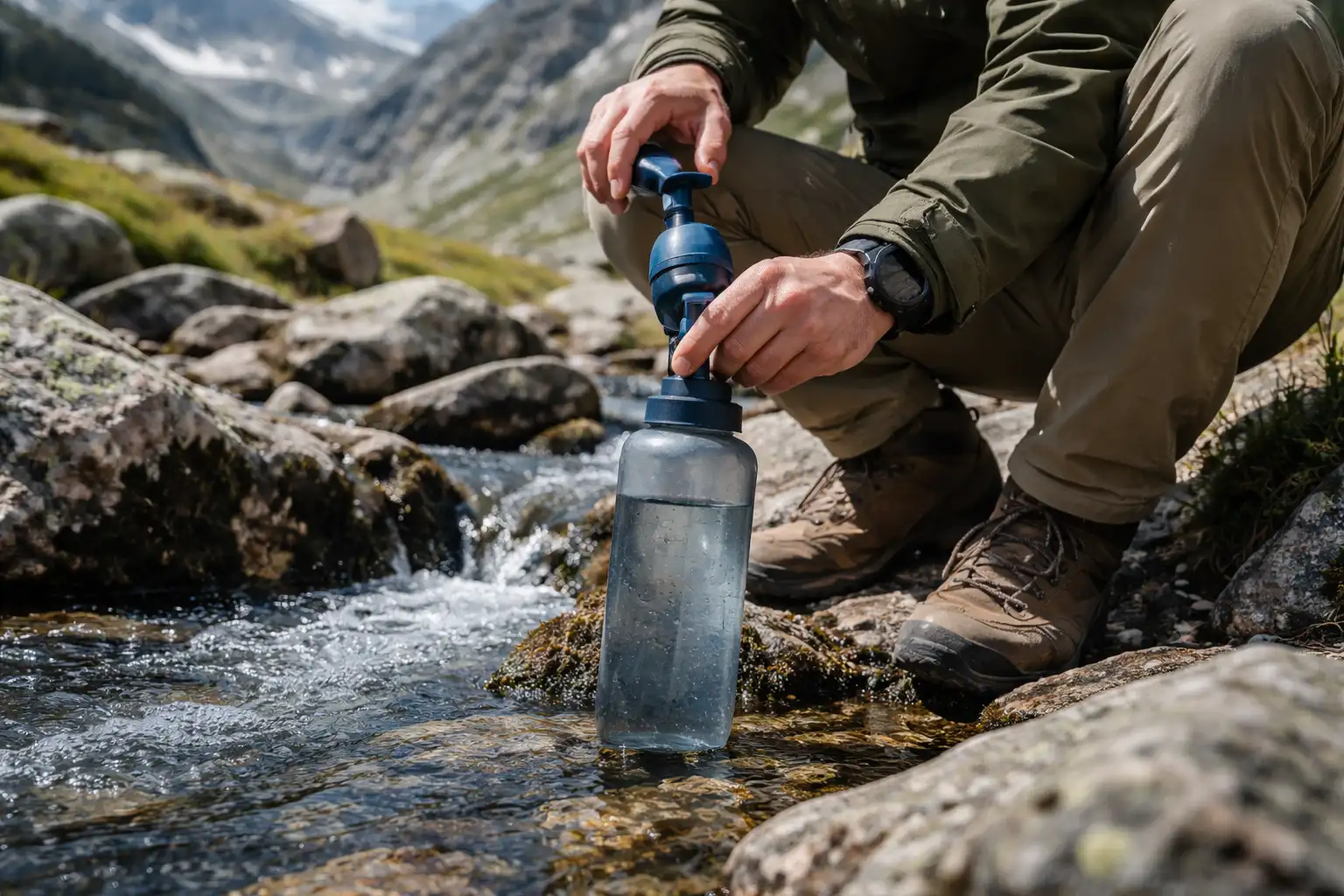 Randonneur remplissant une gourde à une source de montagne claire avec filtre à eau