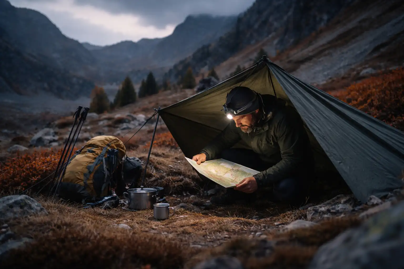 Randonneur consultant une carte topographique sous un abri de fortune en montagne automnale