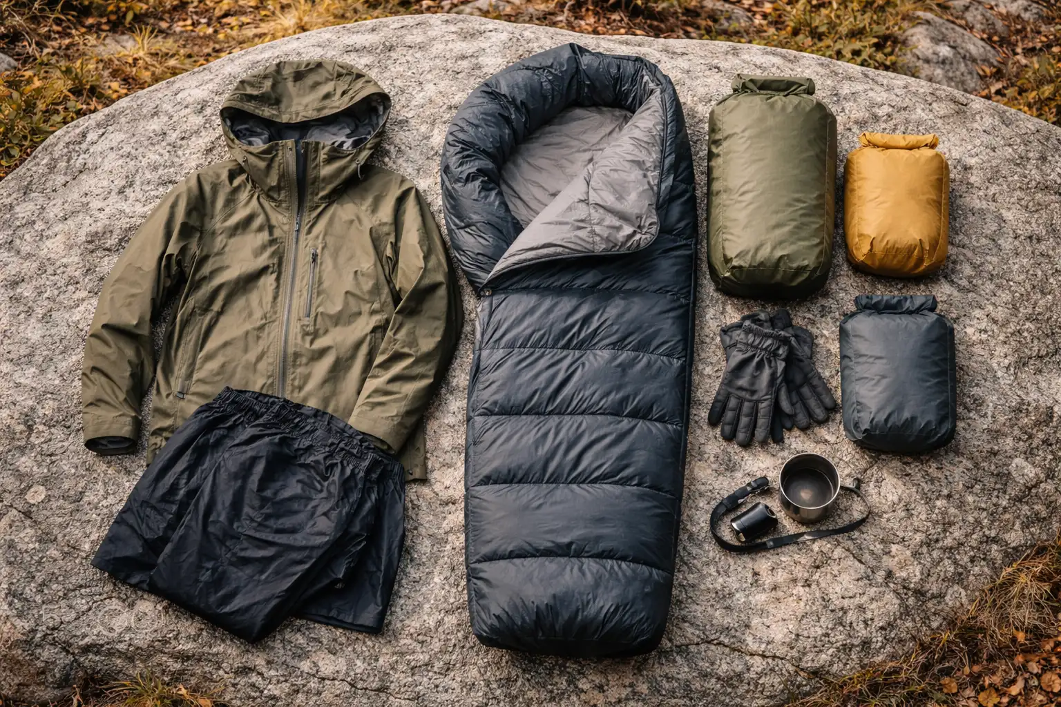 Équipement de trek automne étalé sur un rocher : veste imperméable, sacs étanches et duvet