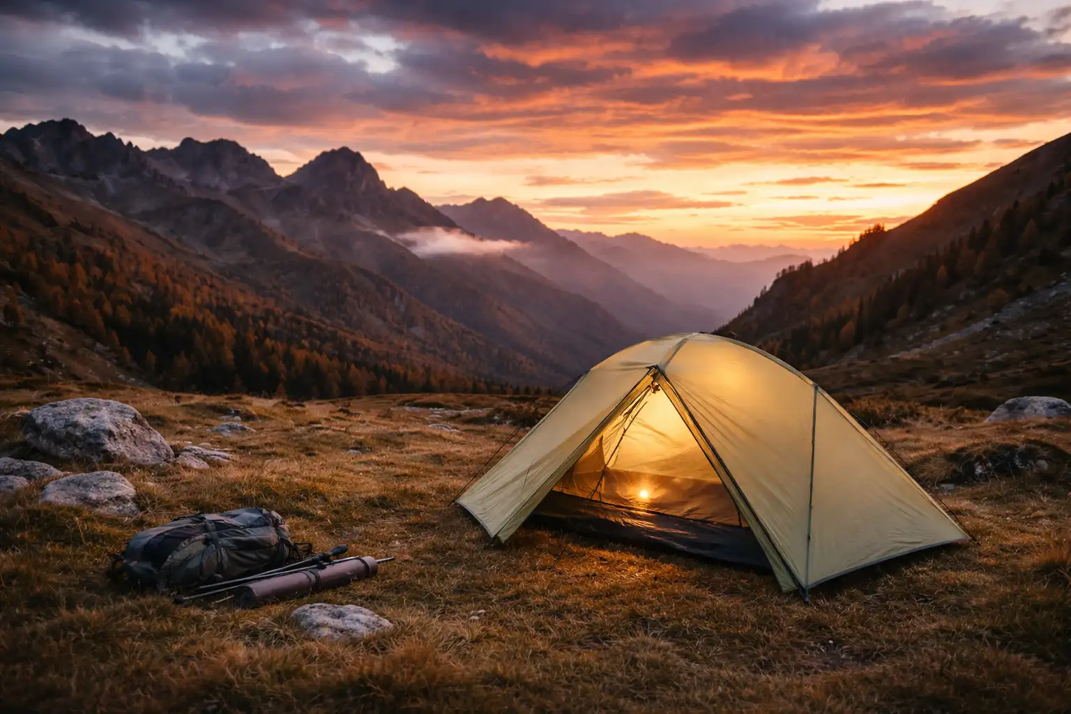 Tente de trek montée au crépuscule dans un paysage automnal de montagne avec ciel orangé