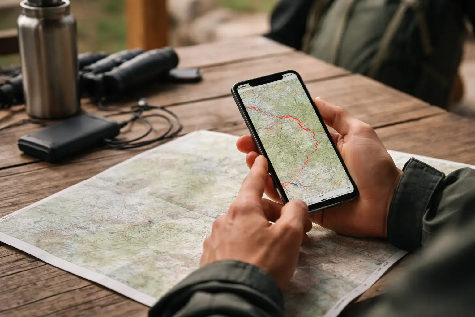 Randonneur préparant une trace GPX sur smartphone avec carte topographique offline affichée à l'écran