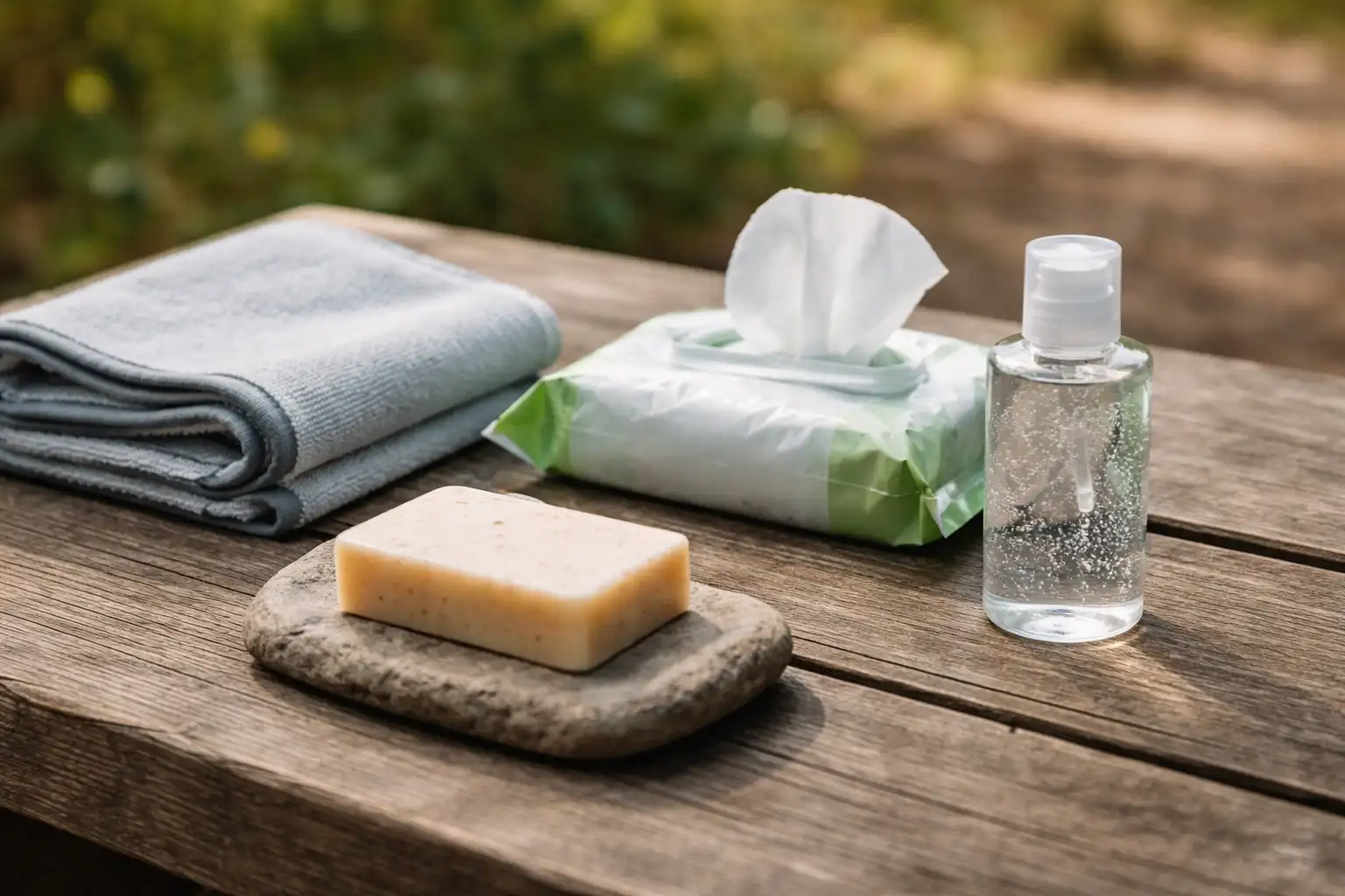 Kit d'hygiène minimaliste pour trek disposé sur une surface en bois : savon solide, lingettes, gel hydroalcoolique