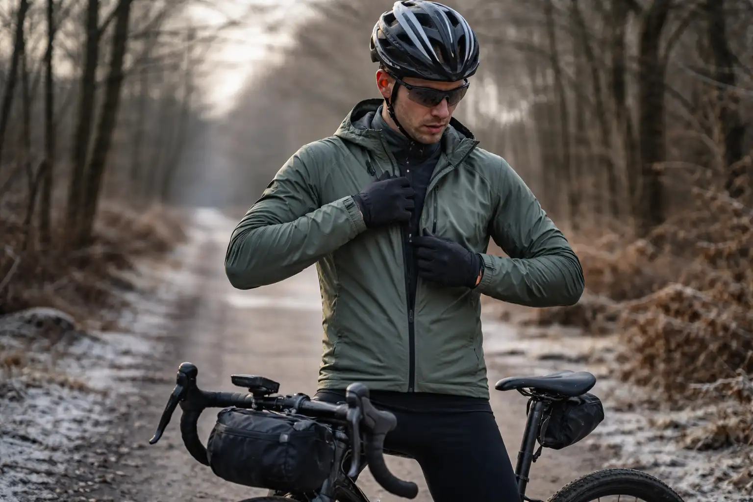 Cycliste ajustant sa veste coupe-vent lors d'une pause hivernale