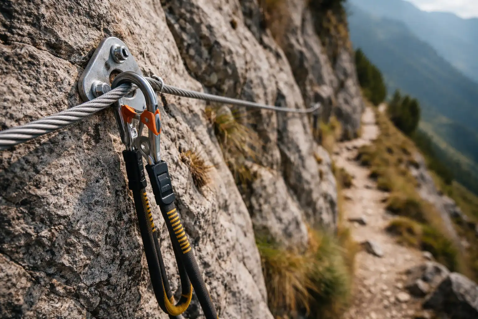 Technique de progression en via ferrata avec un brin clippé au câble métallique