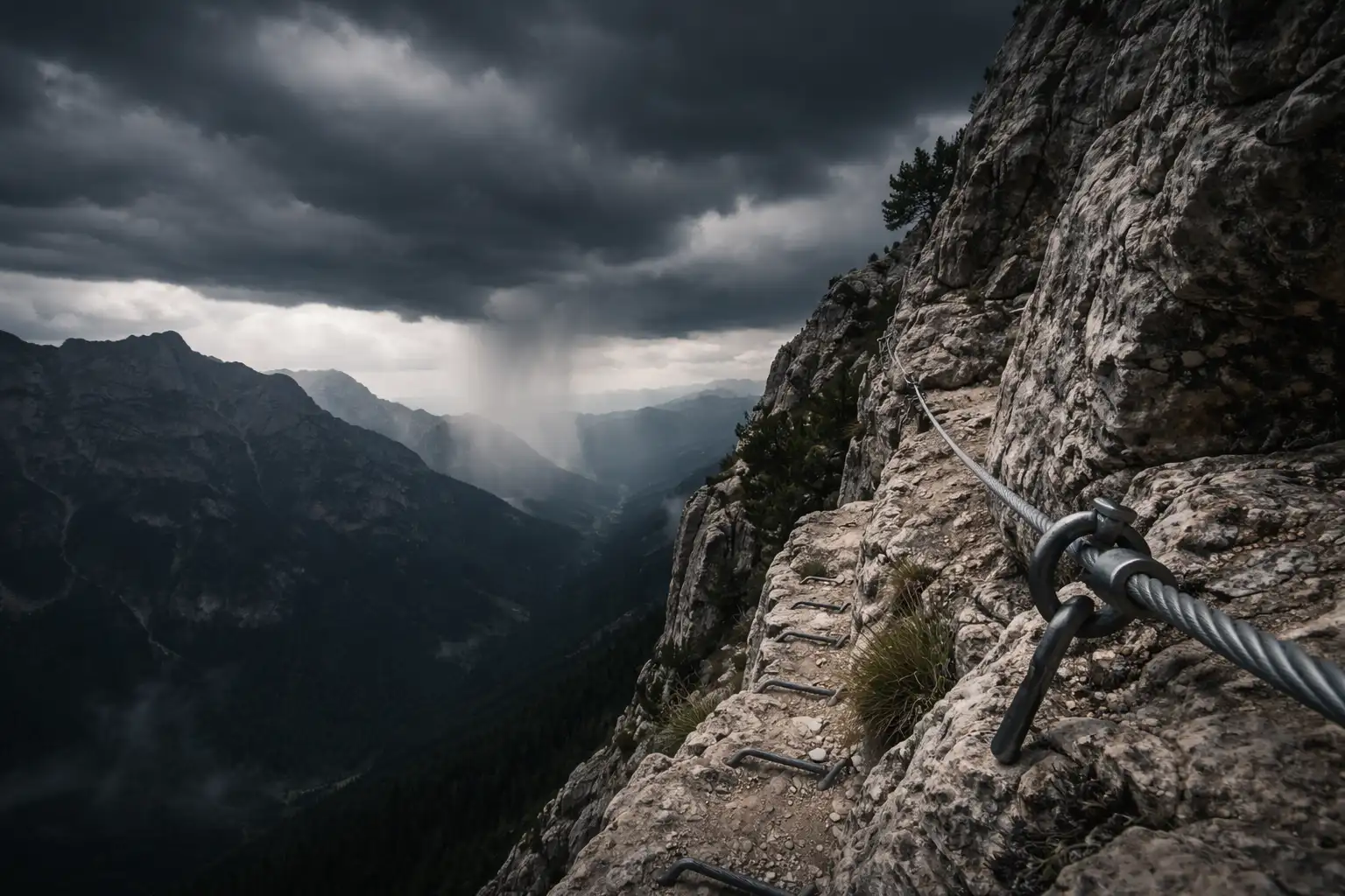 Ciel d'orage menaçant au-dessus d'une paroi de via ferrata en montagne
