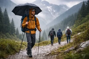 Marcher sous la pluie sans être trempé : couches, gestes et erreurs (2026) — illustration Aventico