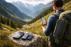 Randonner en autonomie avec un iPhone : batteries, cartes et applis en 2026 — illustration Aventico