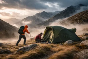 Trek dans le vent : marcher, camper et s'abriter par grand vent — illustration Aventico